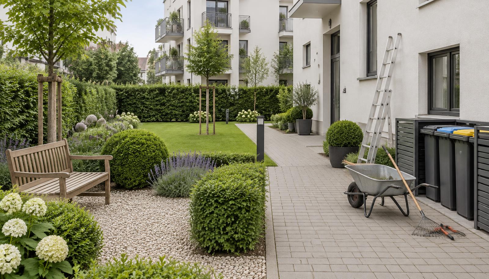 Gepflegte Wohnanlage mit Hof, Hecken und Gartenwerkzeug – Hausmeister- und Objektservice