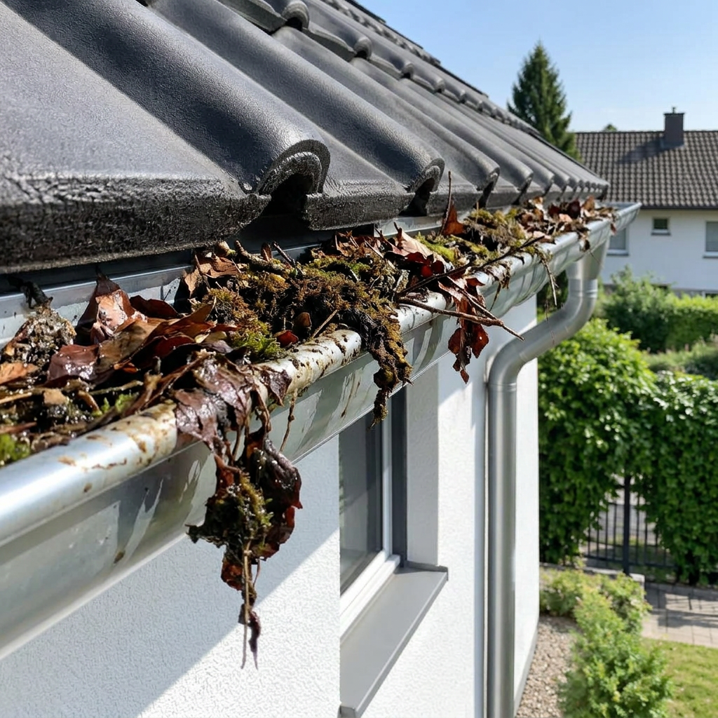 Dachrinne vor der Reinigung, voller Laub